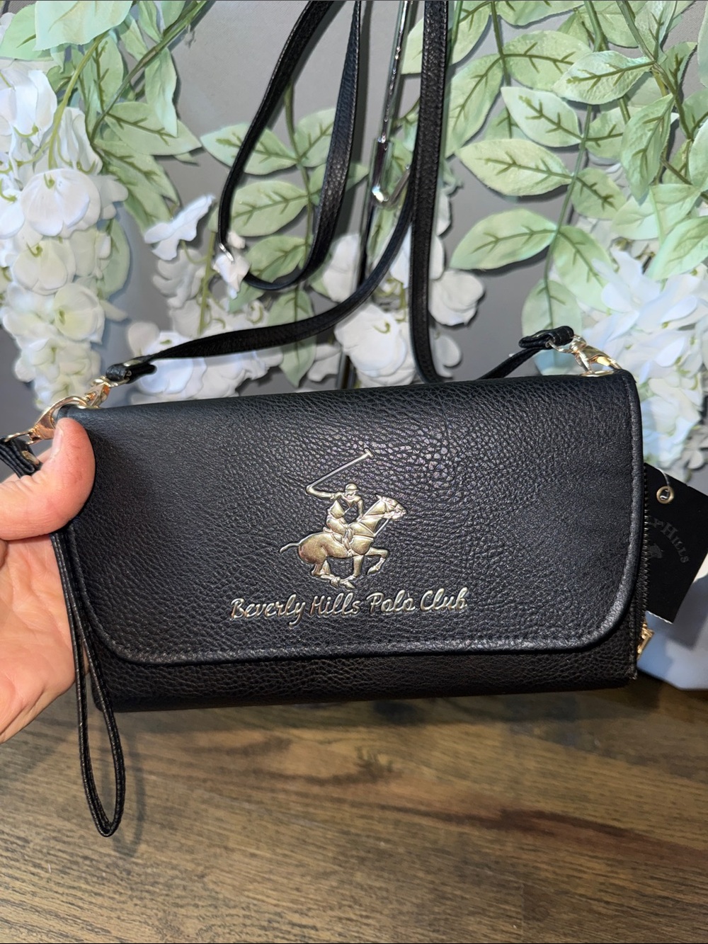 Beverly Hills Polo Club Black Pebbled Leather Crossbody Wallet with Gold Logo - Picture 1 of 8